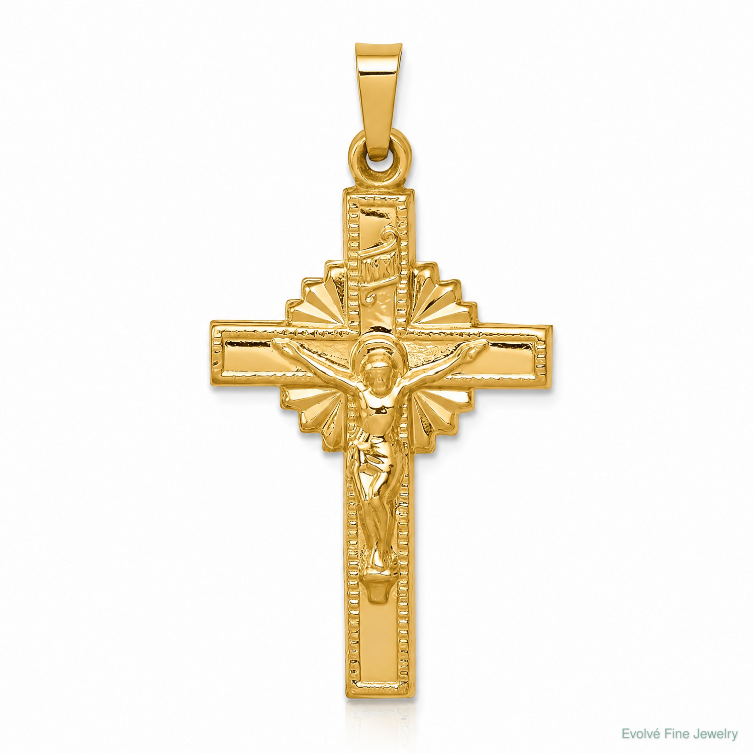 14k INRI Hollow Crucifix Pendant - Lifestyle View