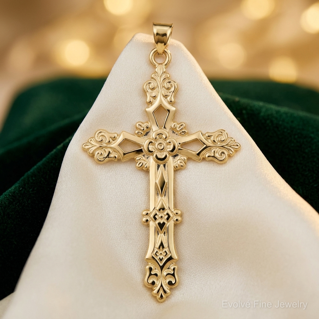 14K Polished Fleur de Lis Cross Pendant - Lifestyle View