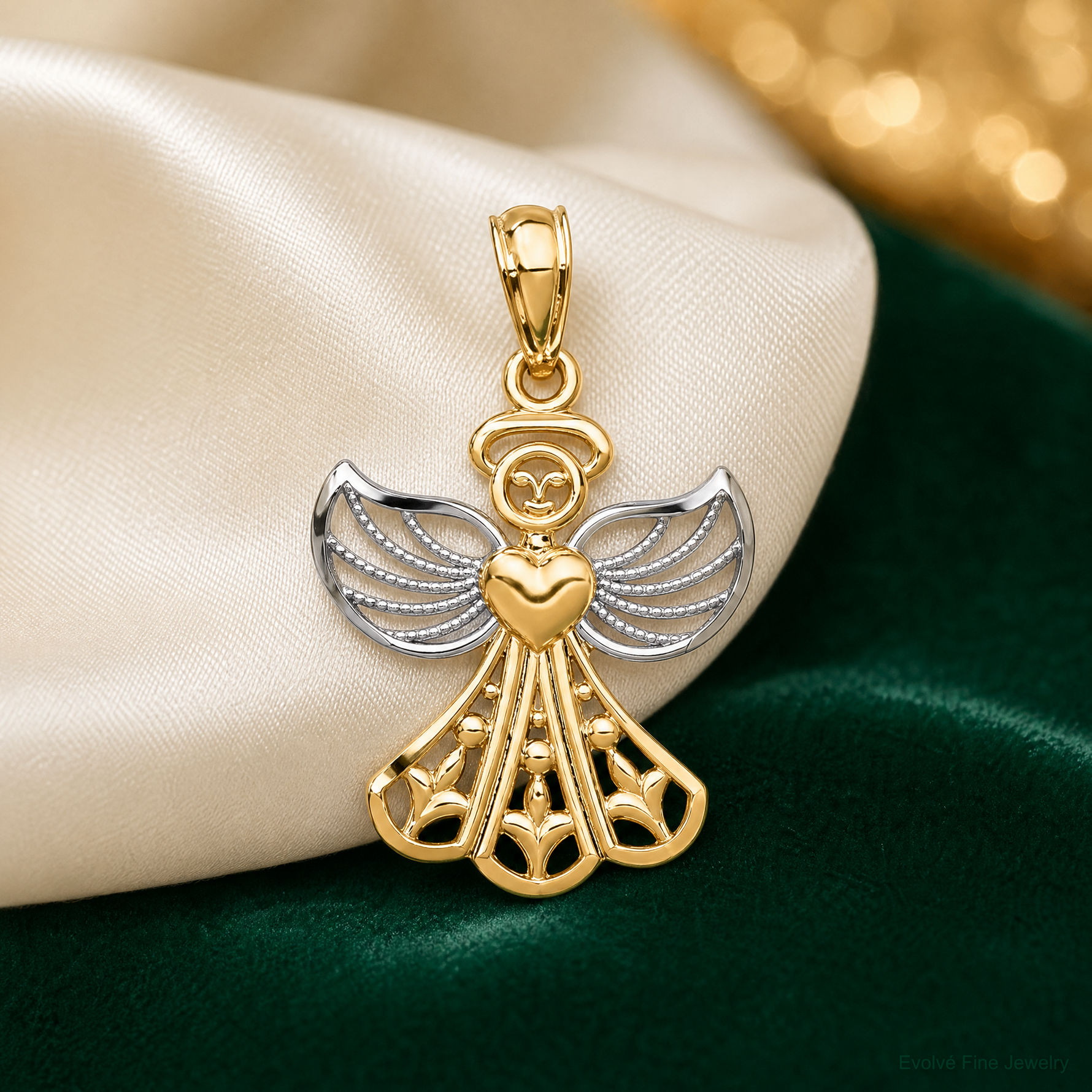 14K w/Rhodium Filigree Angel Pendant - Lifestyle View