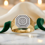 14kw/ Rhodium Mens Micro Pave CZ Octagon & Greek Key Ring - Lifestyle View