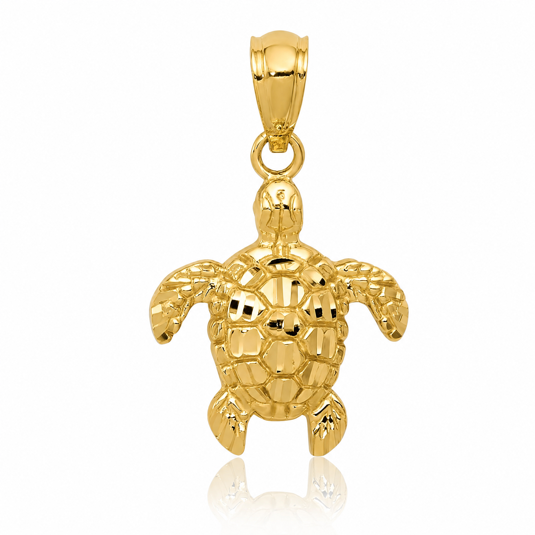 14K Gold Polished and Textured Diamond-cut Turtle Pendant - Lifestyle View