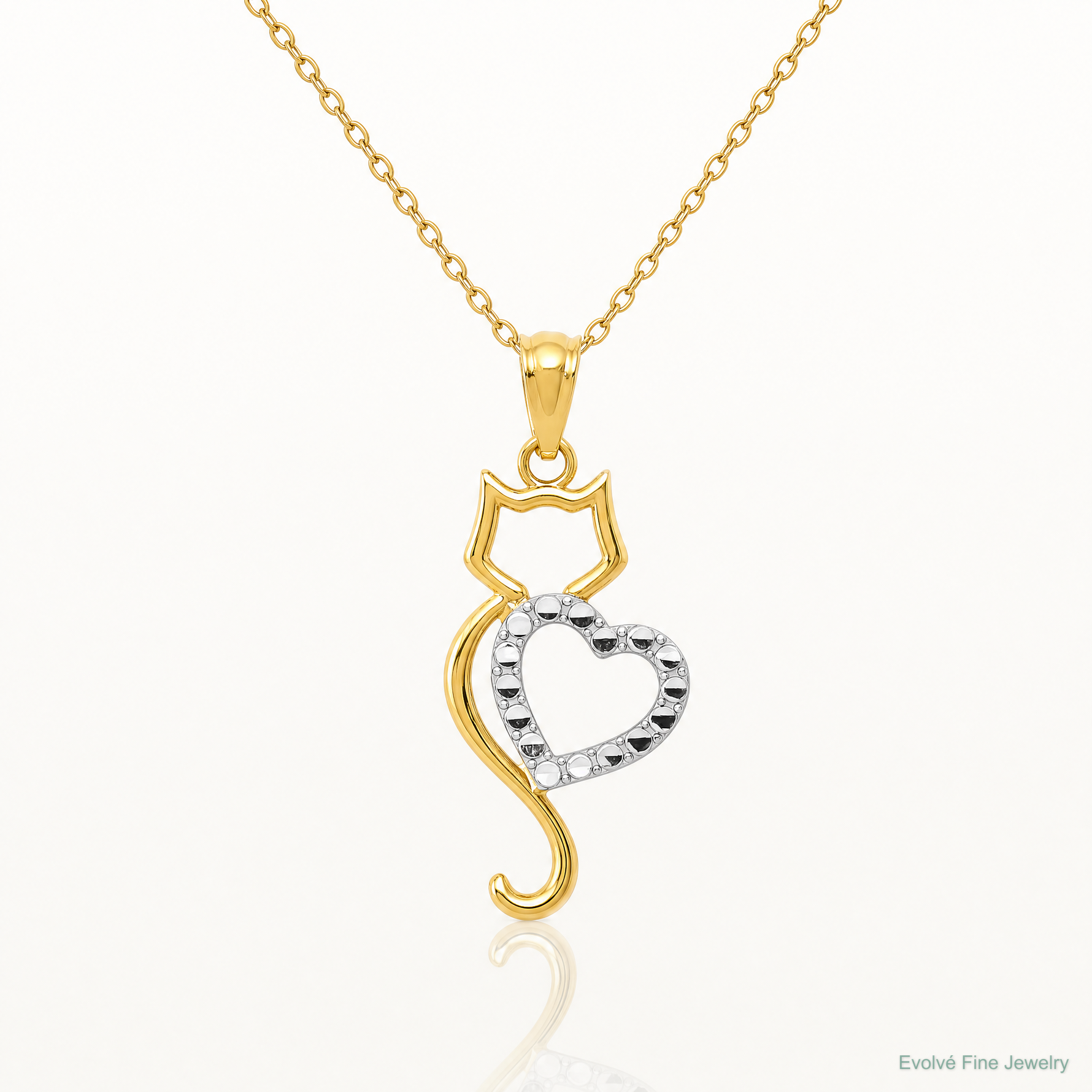 14k Rhodium-Plated Polished Cat w/Heart Pendant - Lifestyle View