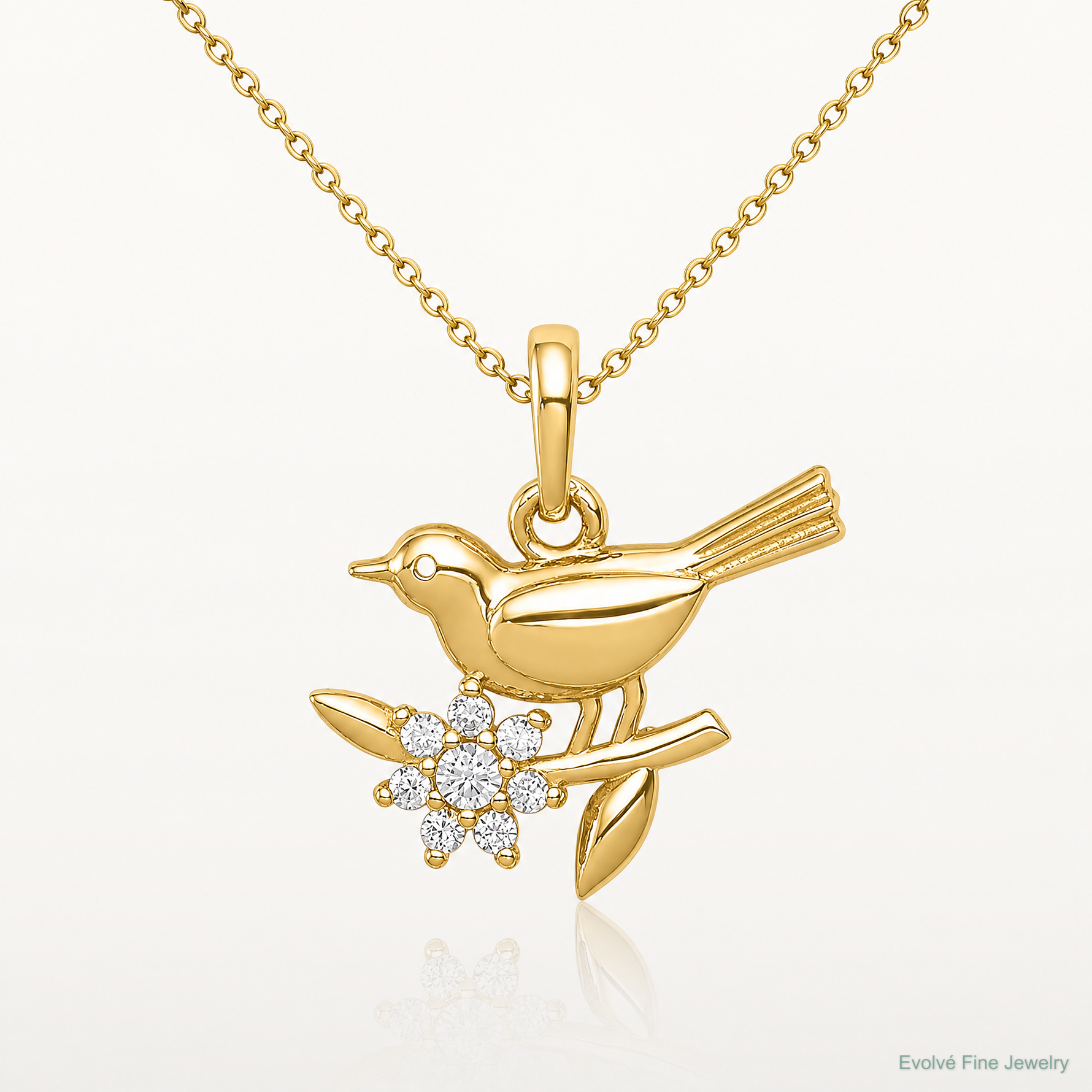 14K Bird on a Branch CZ Pendant - Lifestyle View