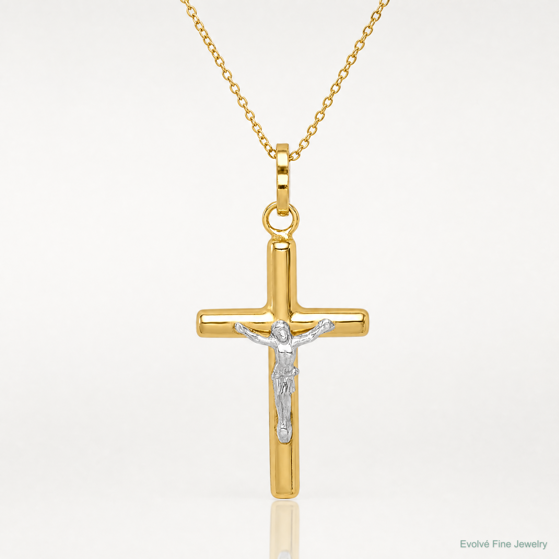 14k with White Rhodium Polished Hollow Crucifix Charm - Lifestyle View