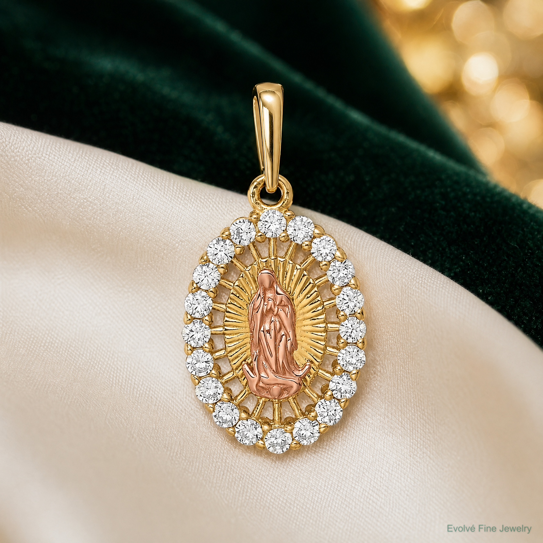 14K Two-tone Our Lady of Guadalupe CZ Pendant - Lifestyle View
