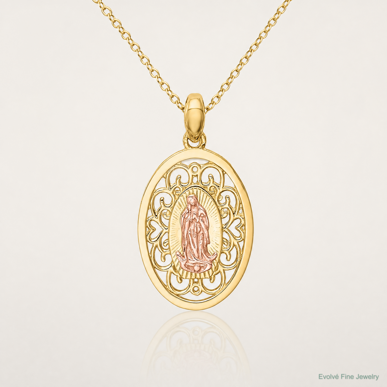 14K Two-tone Our Lady of Guadalupe Pendant - Lifestyle View