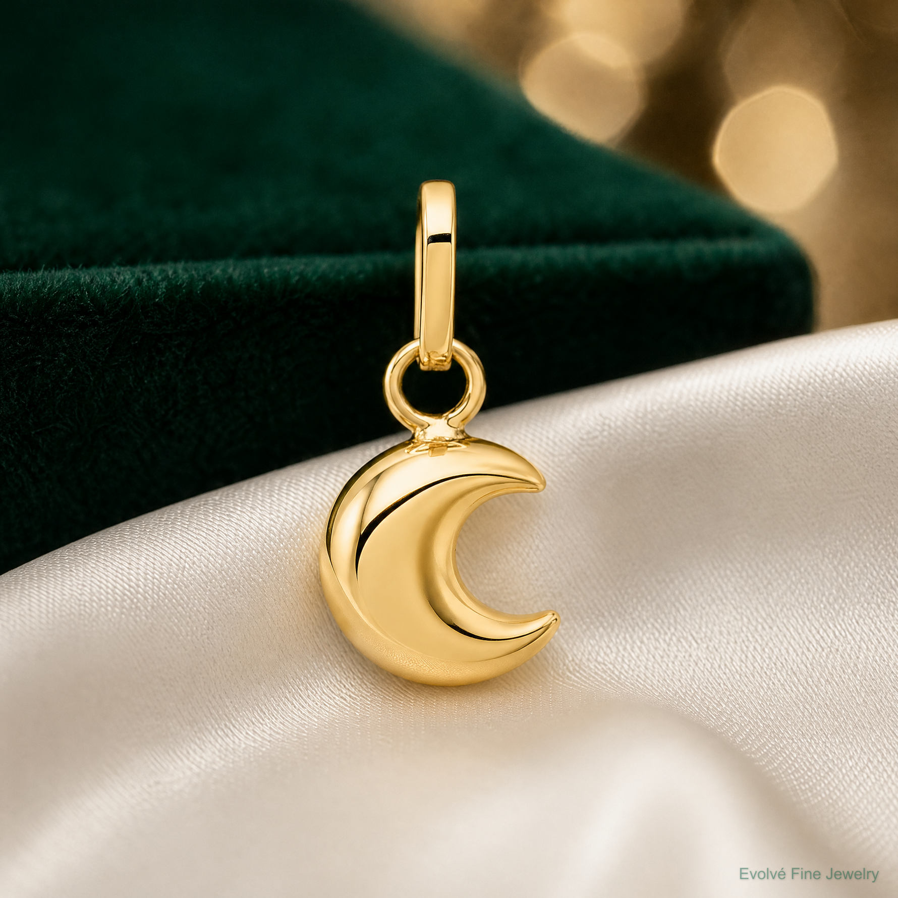 14k Polished Puffed Moon Charm - Lifestyle View