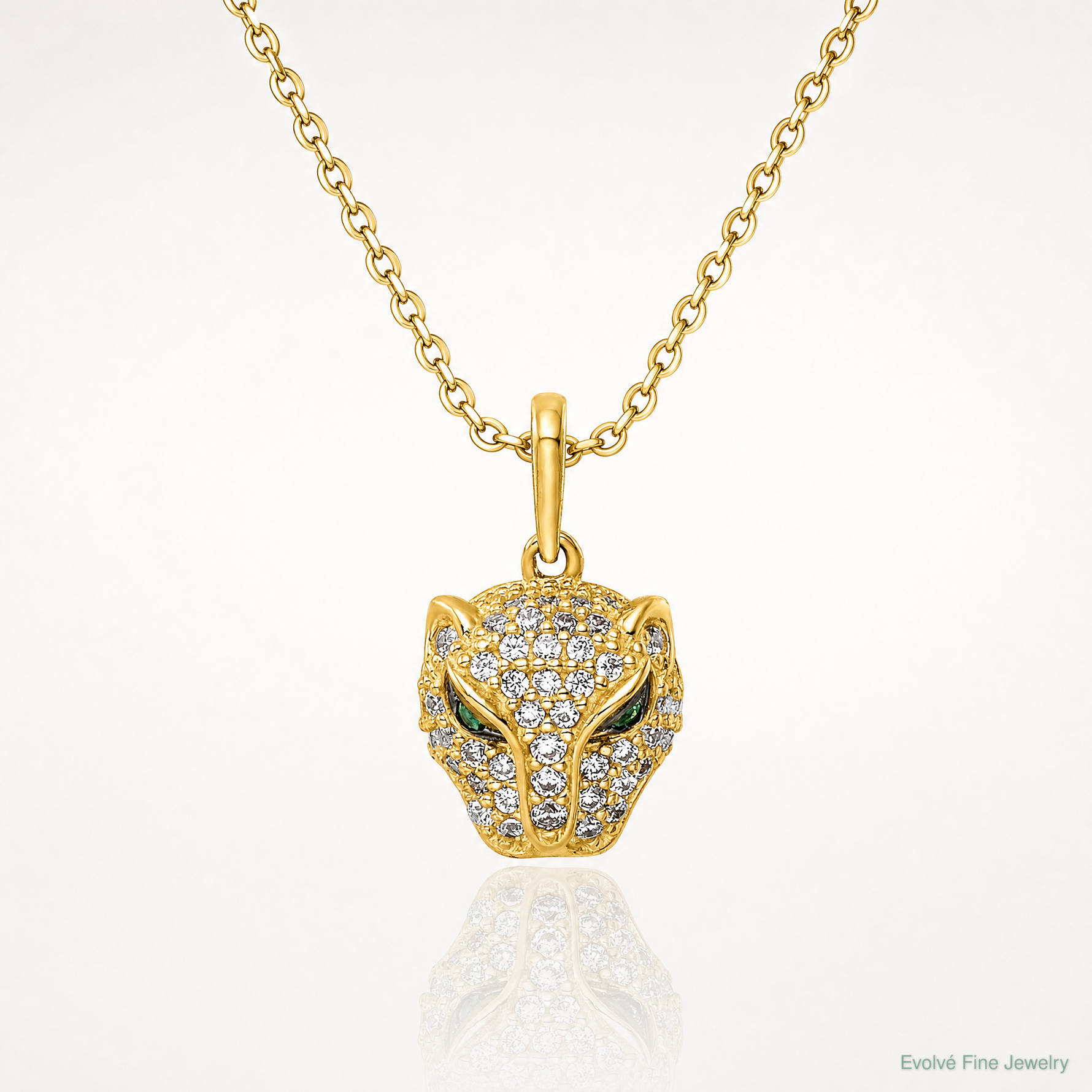 14K Polished Green & White CZ Lioness Head Pendant - Lifestyle View