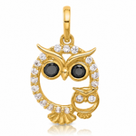 14K Polished Black and White CZ Mommy and Baby Owl Pendant - Lifestyle View