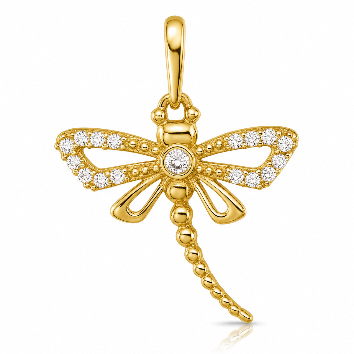 14k Polished and Beaded CZ Dragonfly Pendant - Lifestyle View