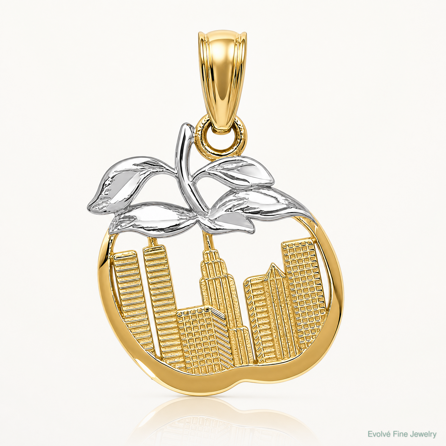 14k with White Rhodium Cut-out New York Skyline in Apple Pendant - Lifestyle View