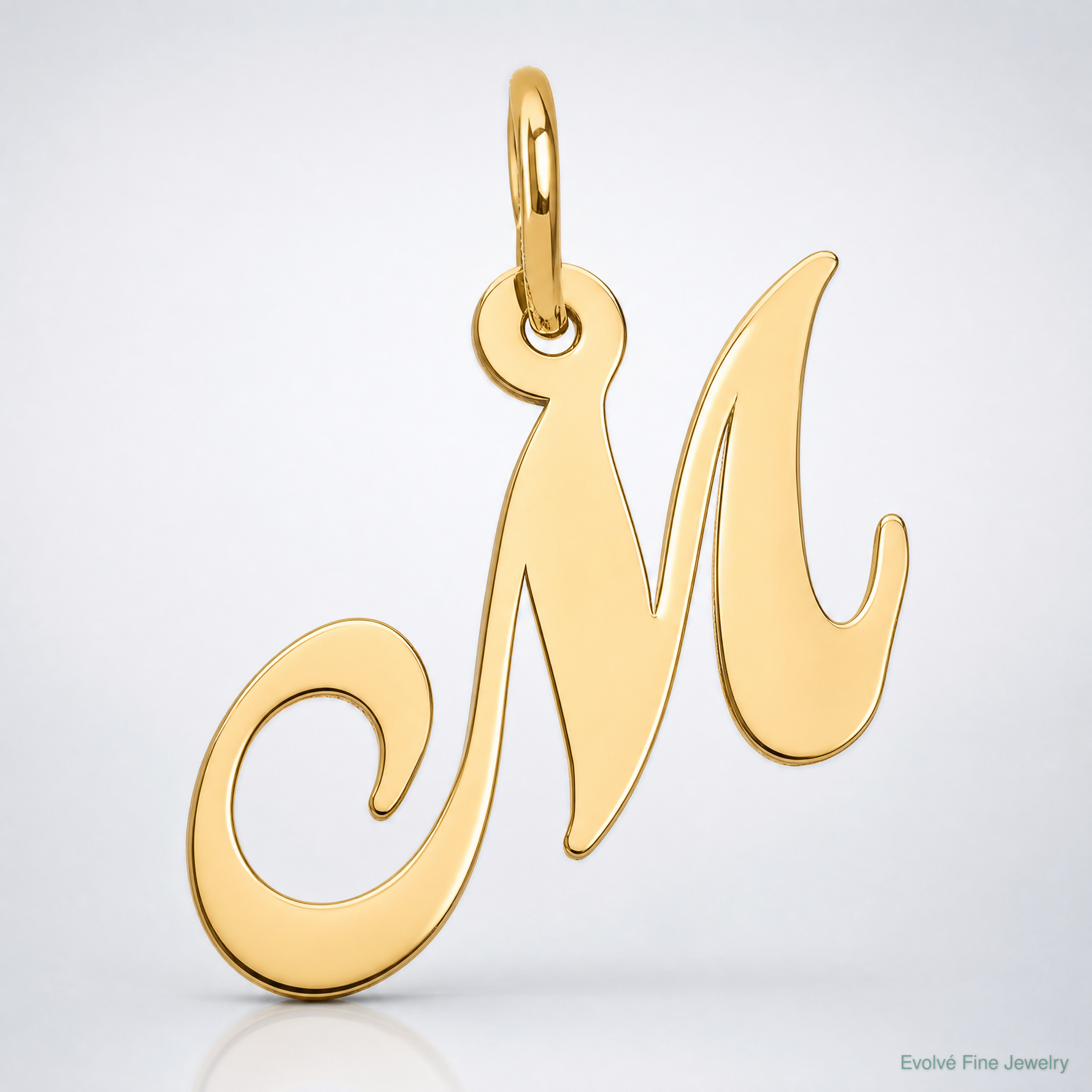 14K Small Fancy Script Letter M Initial Charm - Lifestyle View