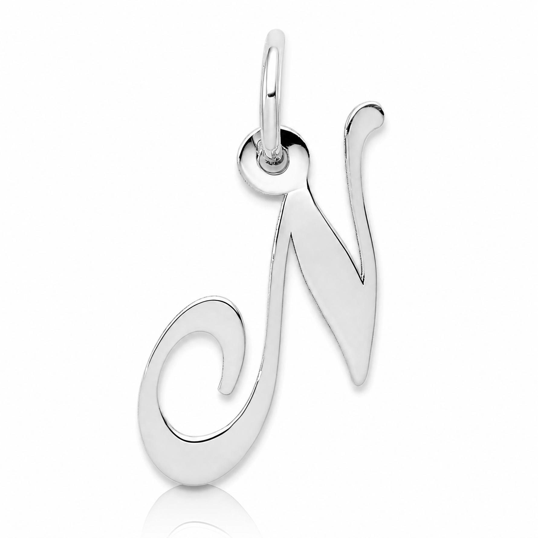 14k White Gold Small Fancy Script Letter N Initial Charm - Lifestyle View