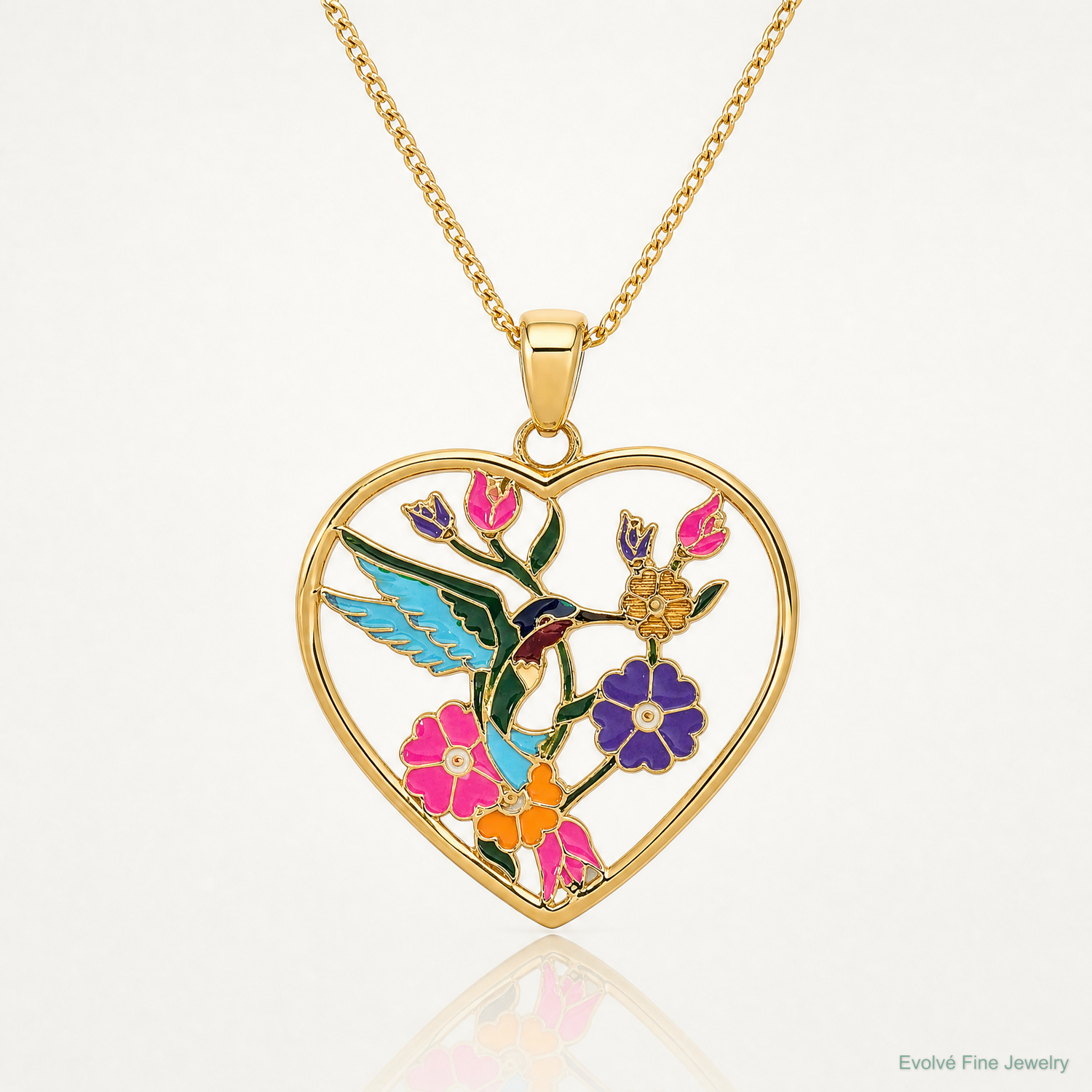 14k Enameled Hummingbird w/Flowers Heart Pendant - Lifestyle View