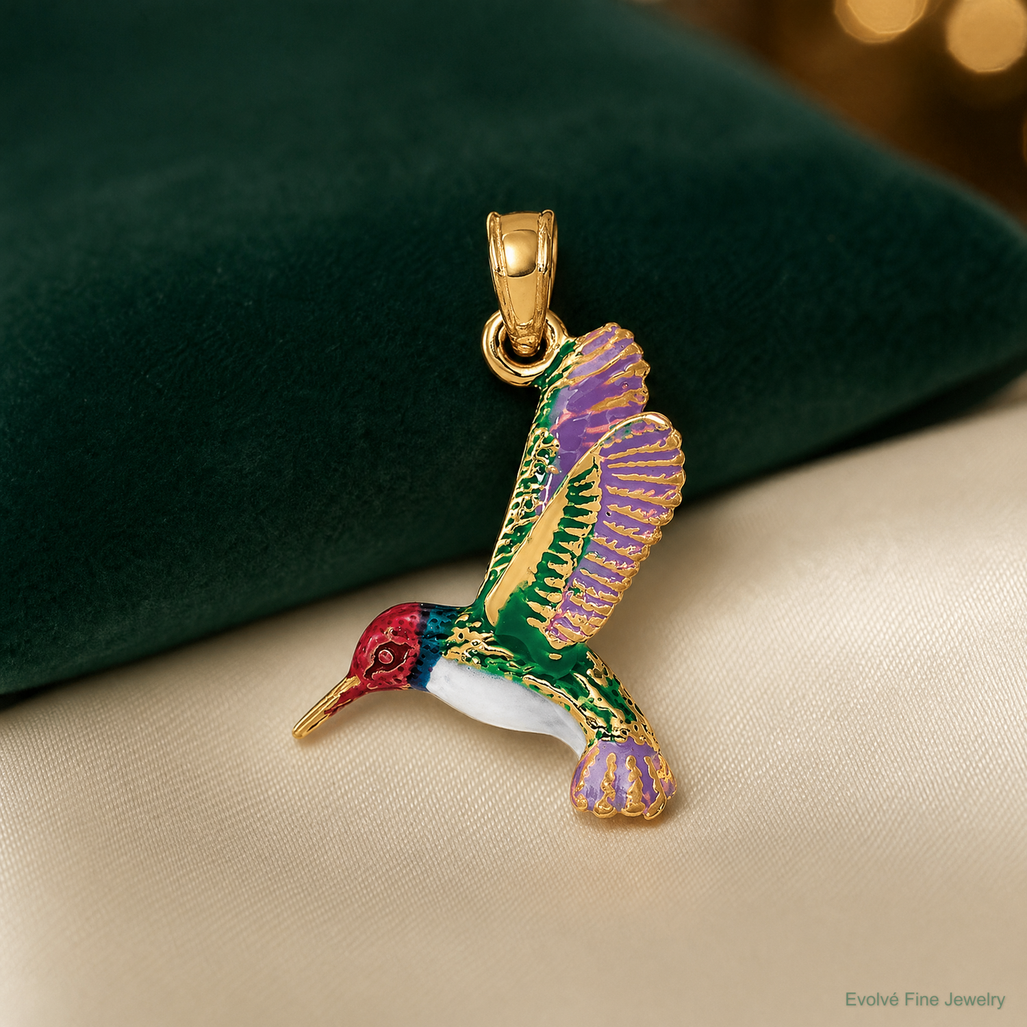14k Enameled 3D Hummingbird Pendant - Lifestyle View