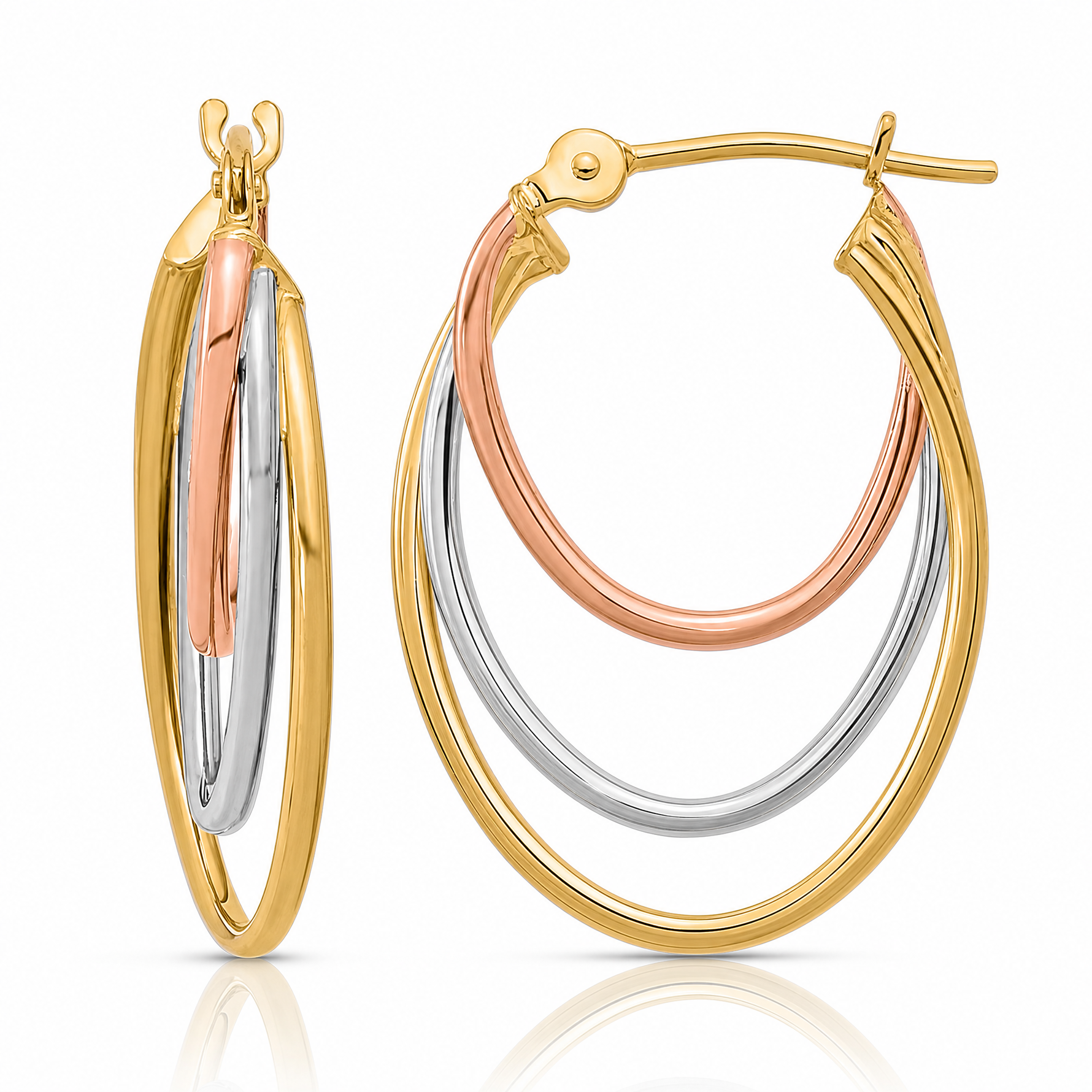 14k Tri-Color Graduated 3 Ring Hoops - Lifestyle View