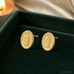 14k Polished Our Lady of Guadalupe Post Earrings - Lifestyle View