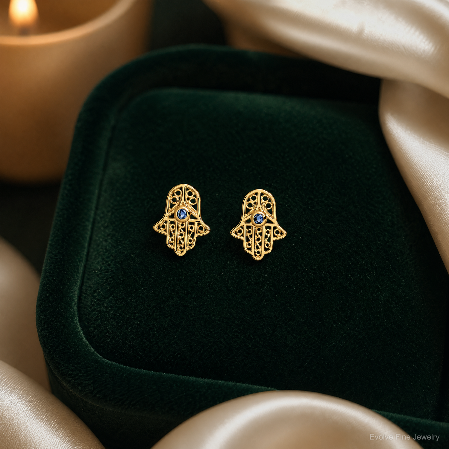 14k Blue Glass Stone Hamsa Post Earrings - Lifestyle View