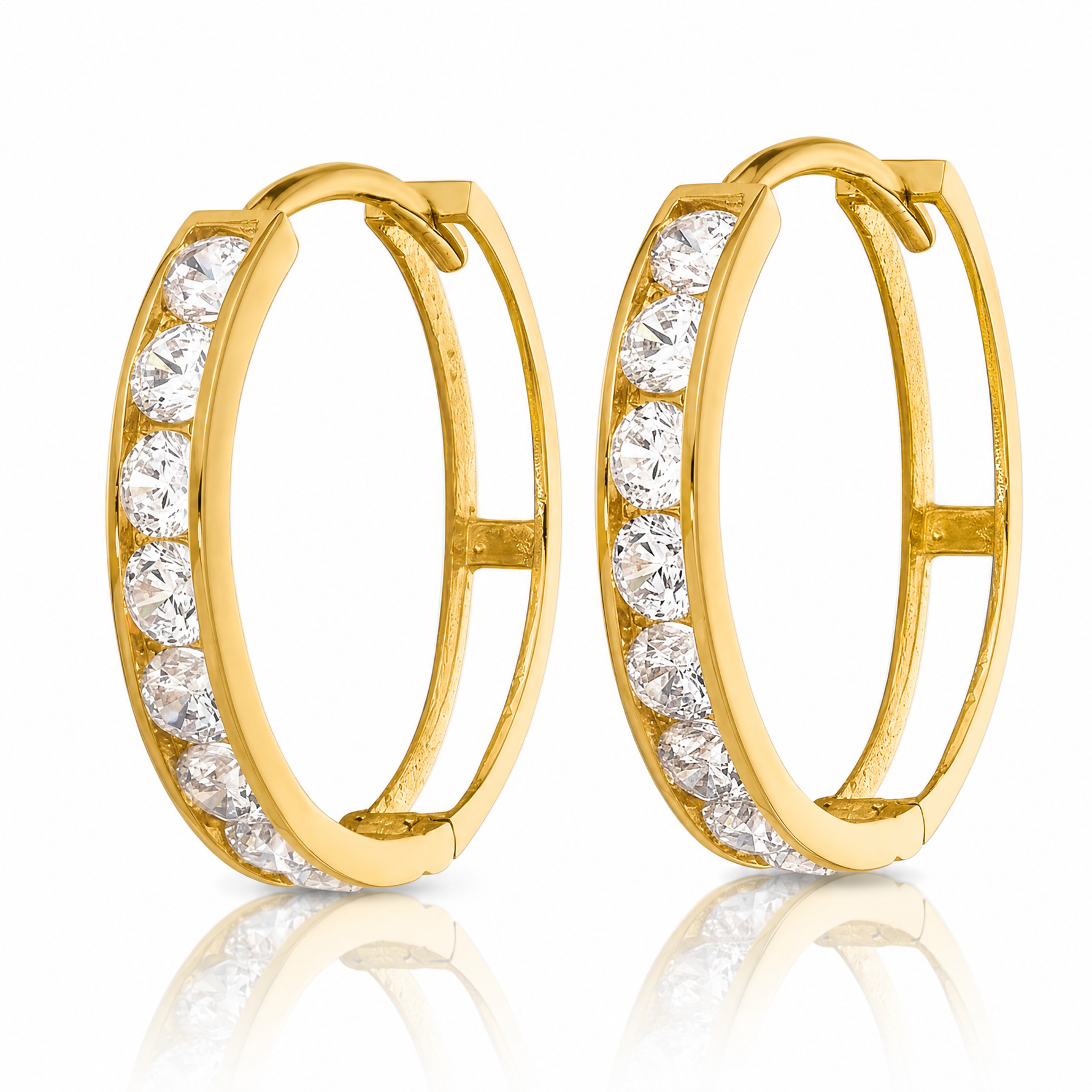 14k Polished CZ 4x20mm Huggie Hoop Earrings - Lifestyle View