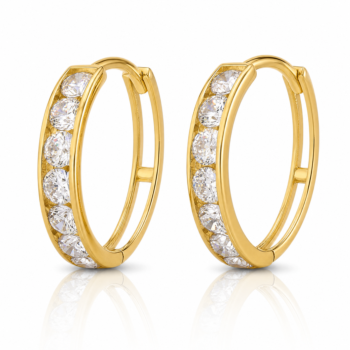 14k Polished CZ 4x18mm Huggie Hoop Earrings - Lifestyle View