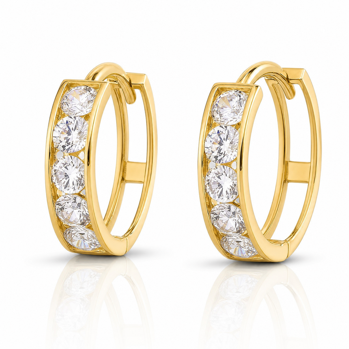 14k Polished CZ 4x14mm Huggie Hoop Earrings - Lifestyle View