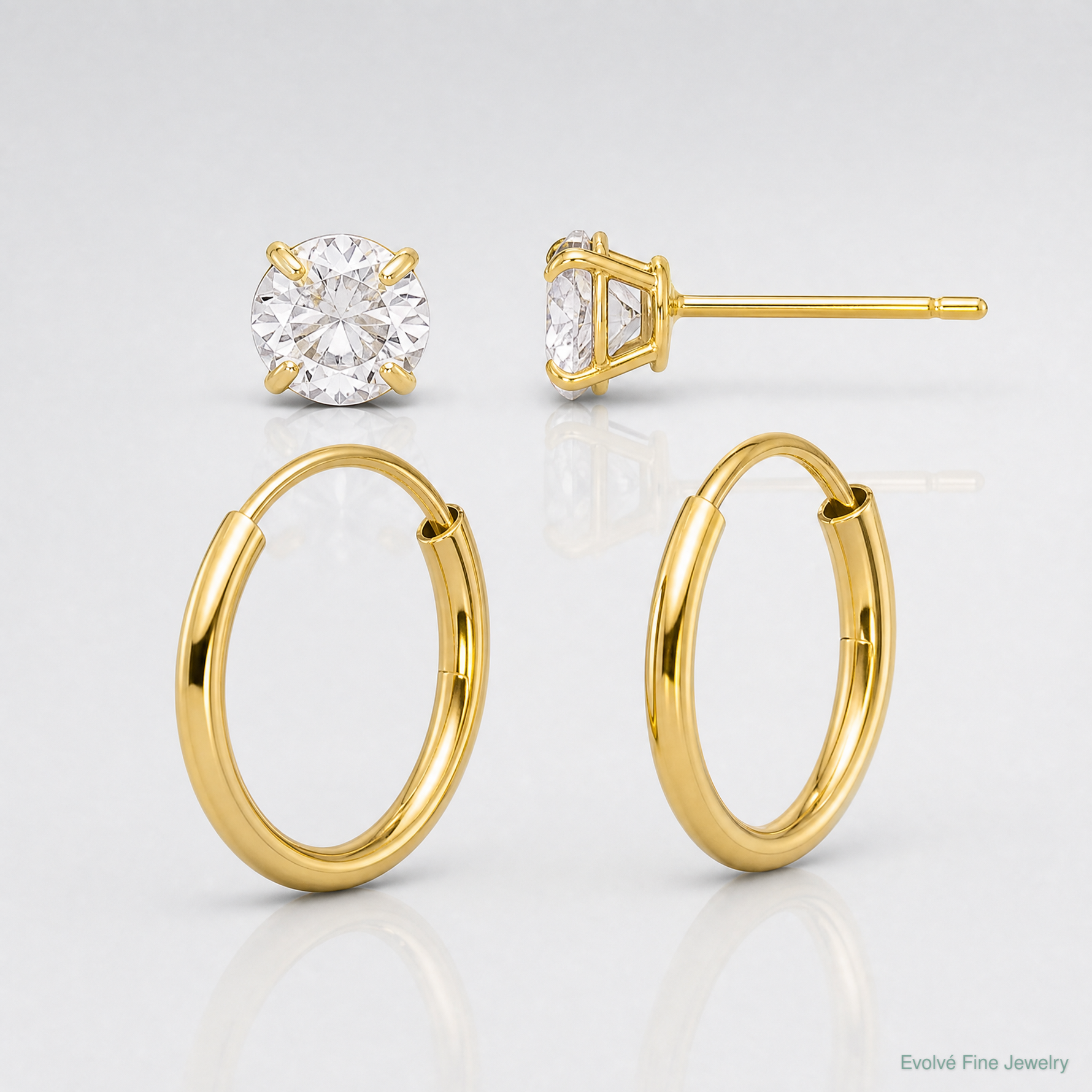 14K Polished CZ Studs and Small Endless Hoop Earring Set - Lifestyle View