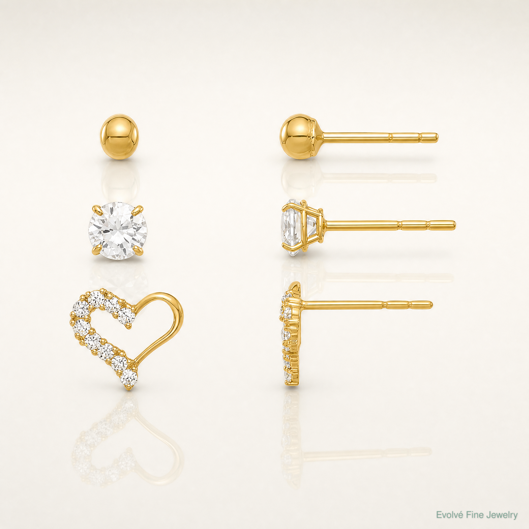 14K Polished CZ Ball and Heart Post Earring Set - Lifestyle View