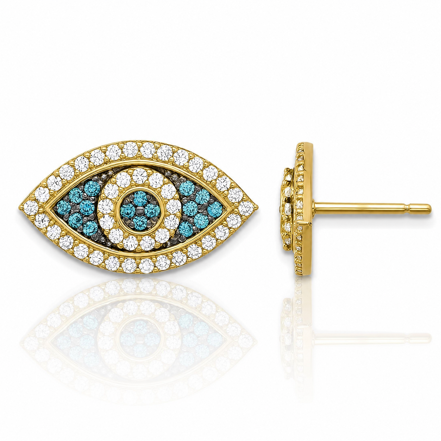 14k Black Rhodium-plated Polished Blue/White CZ Evil Eye Post Earrings - Lifestyle View