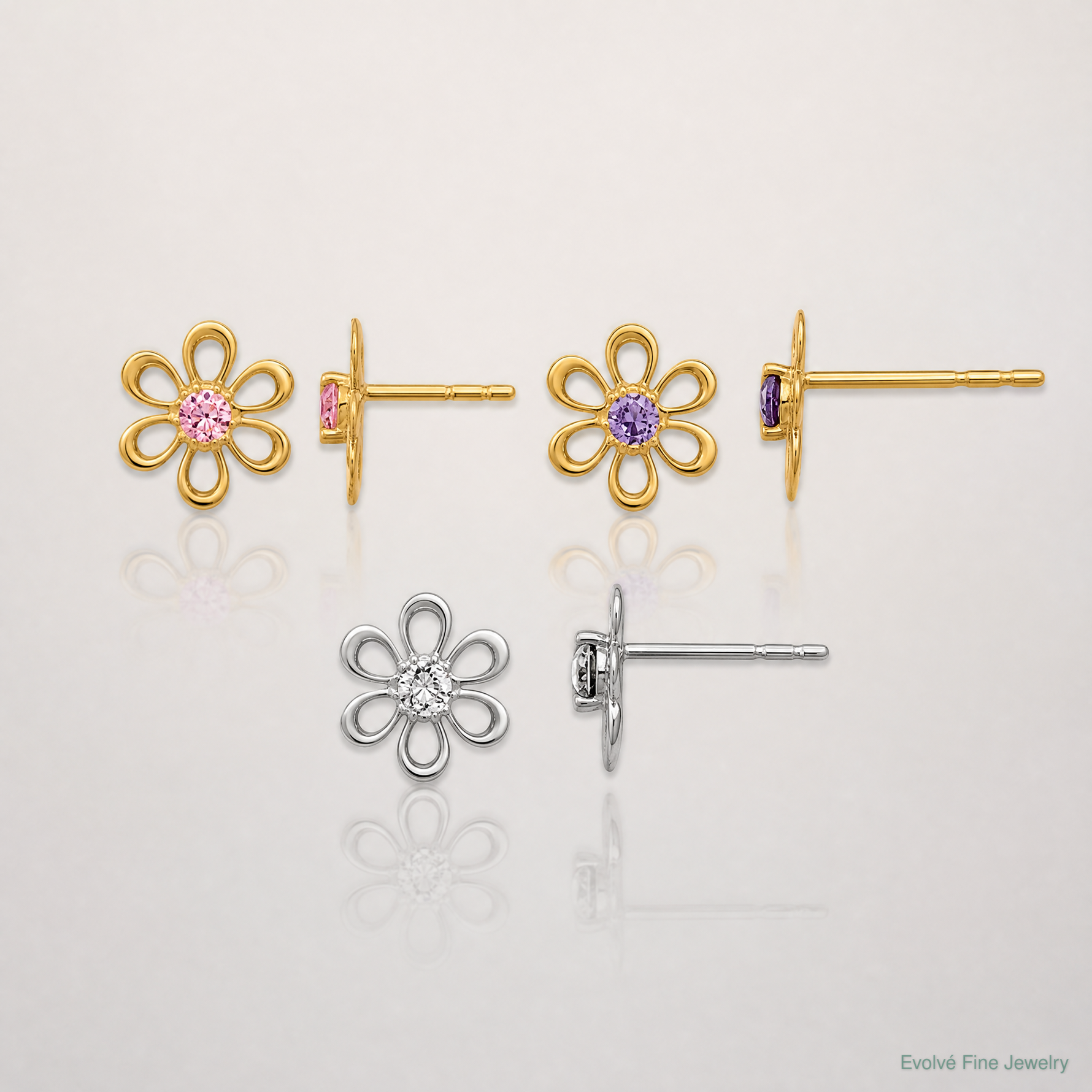 14K Yellow and White Gold Multi-color CZ Flower Post Earring Set - Lifestyle View