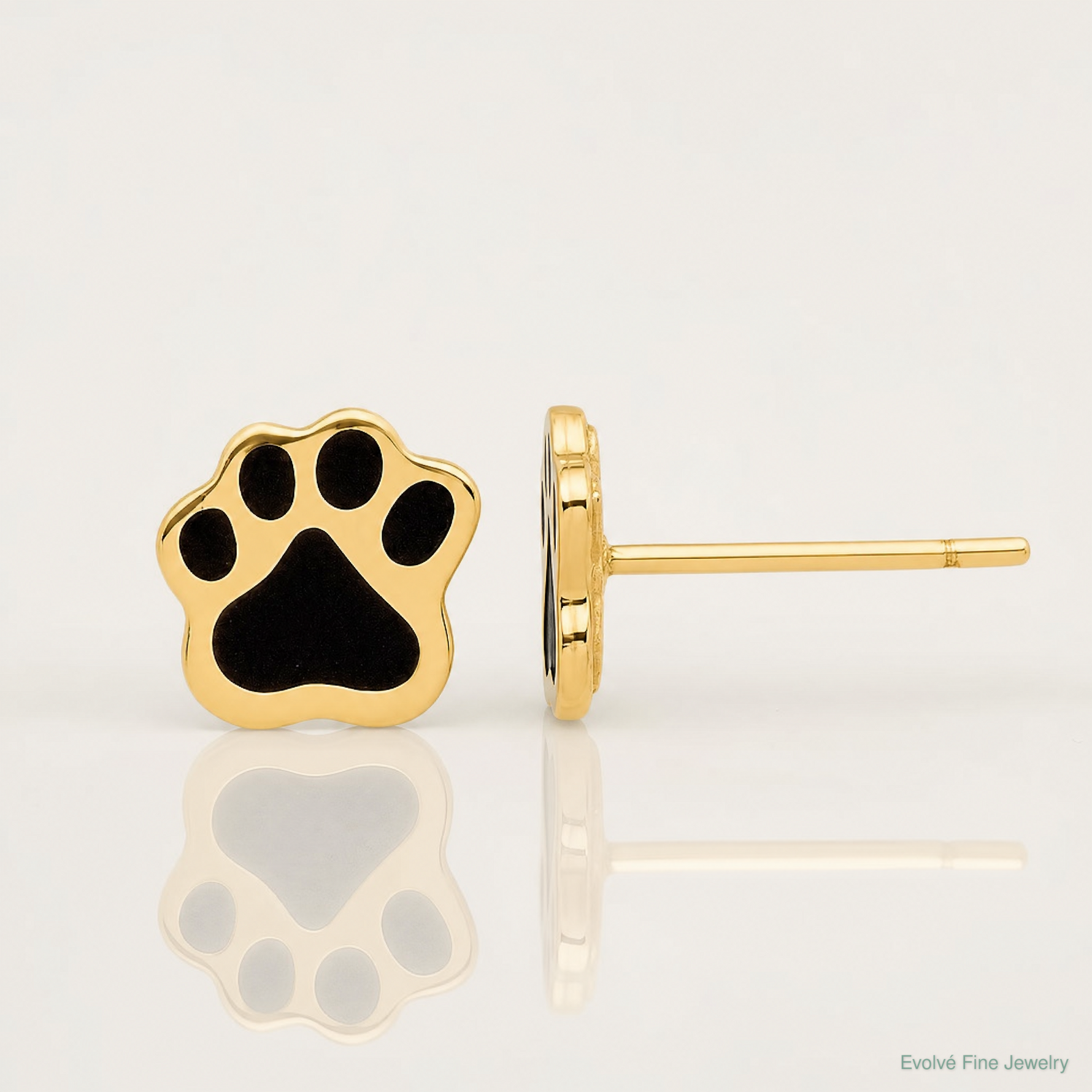 14K Polished Paw with Black Enamel Post Earrings - Lifestyle View