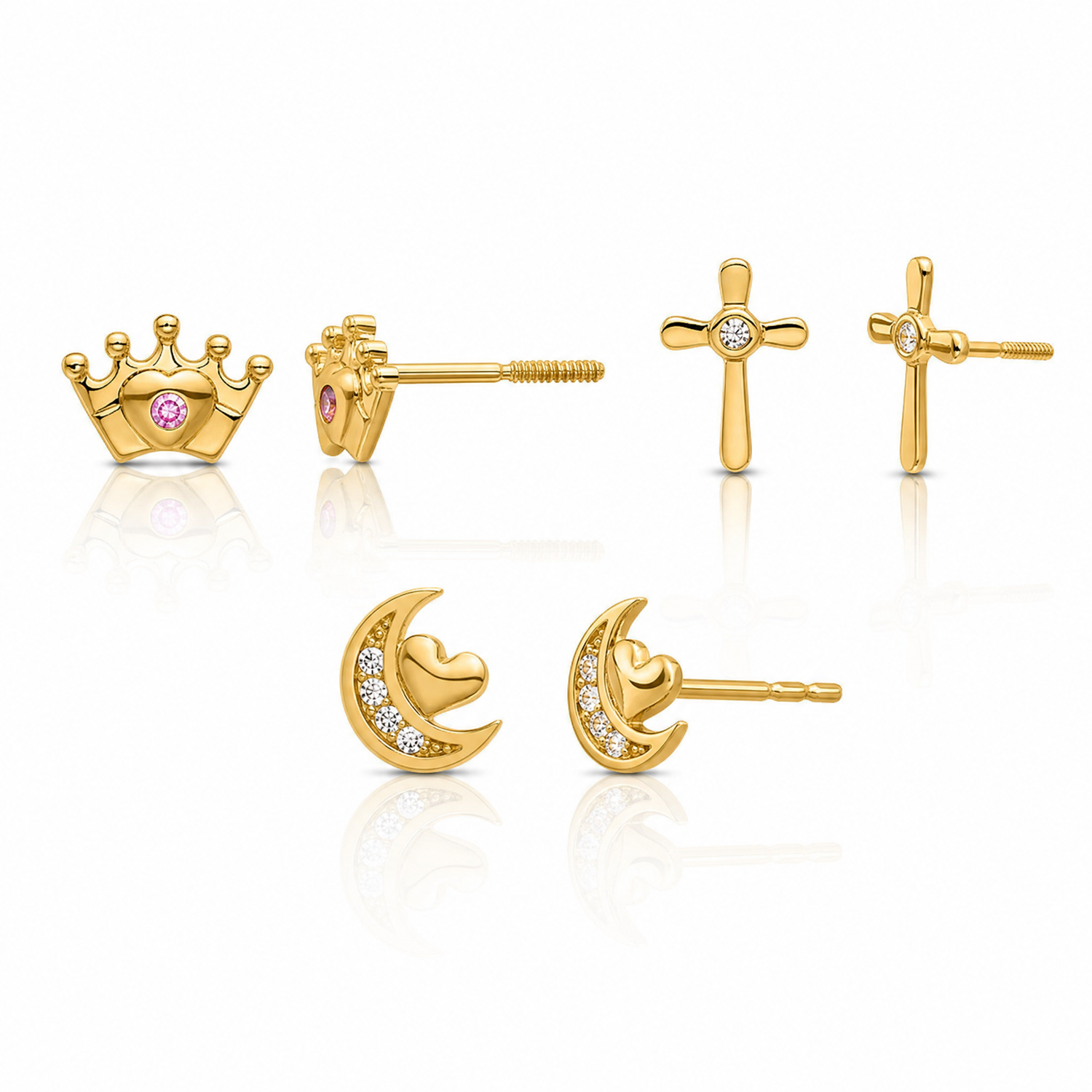 14K Polished CZ Moon Cross and Crown Post Earring Set - Lifestyle View