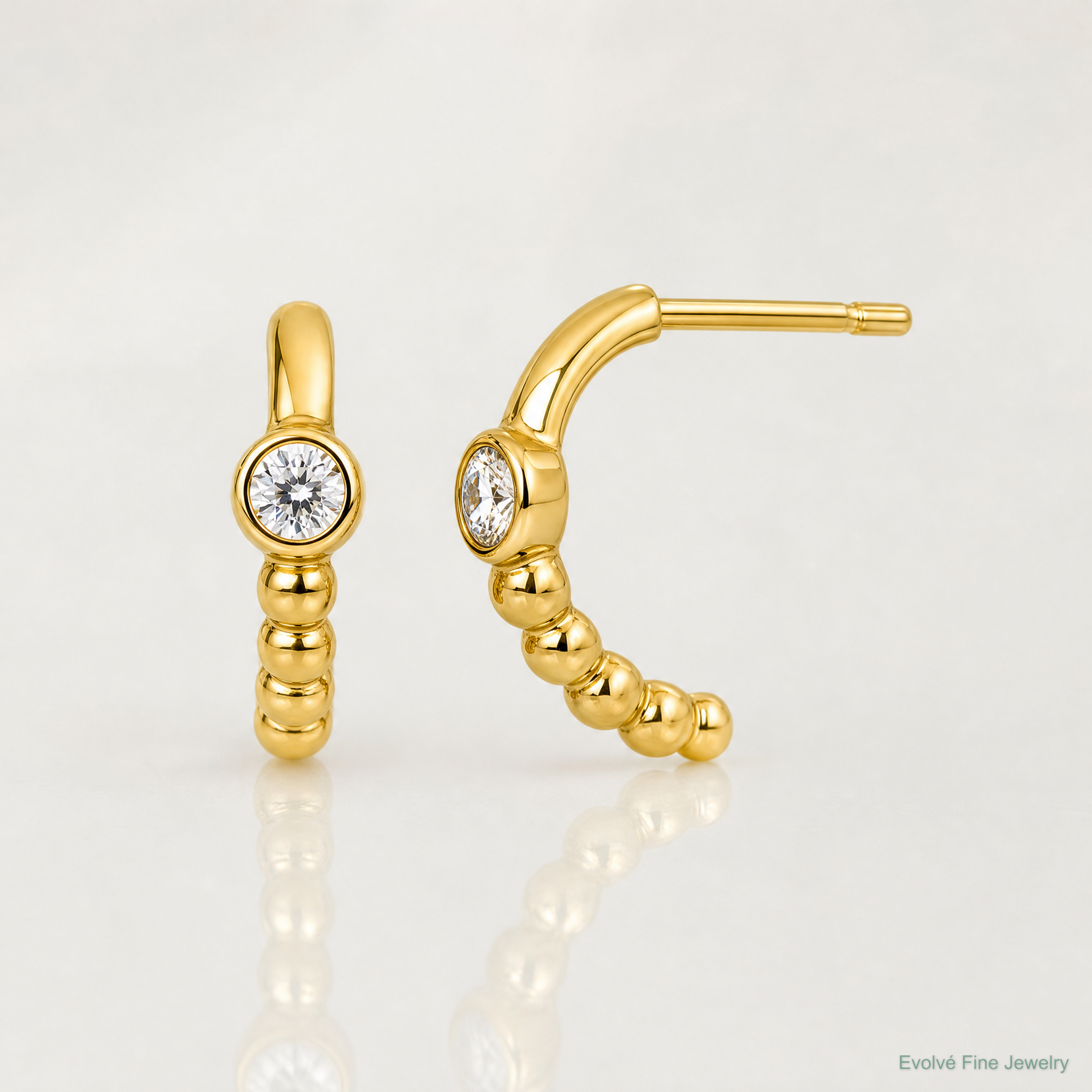 14k Polished and Beaded CZ Post C-Hoop Earrings - Lifestyle View
