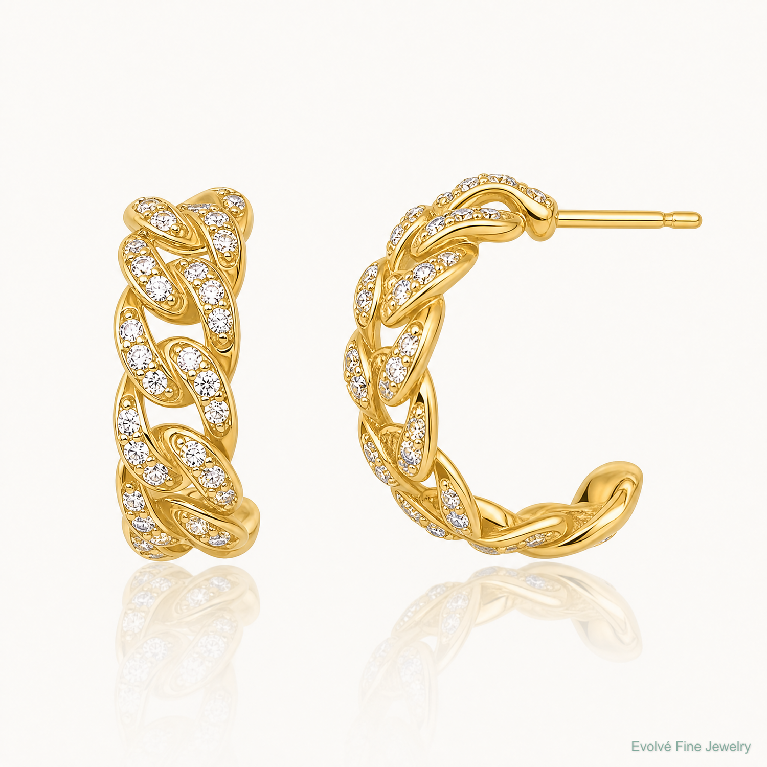 14k Polished CZ Curb Link Post C-Hoop Earrings - Lifestyle View