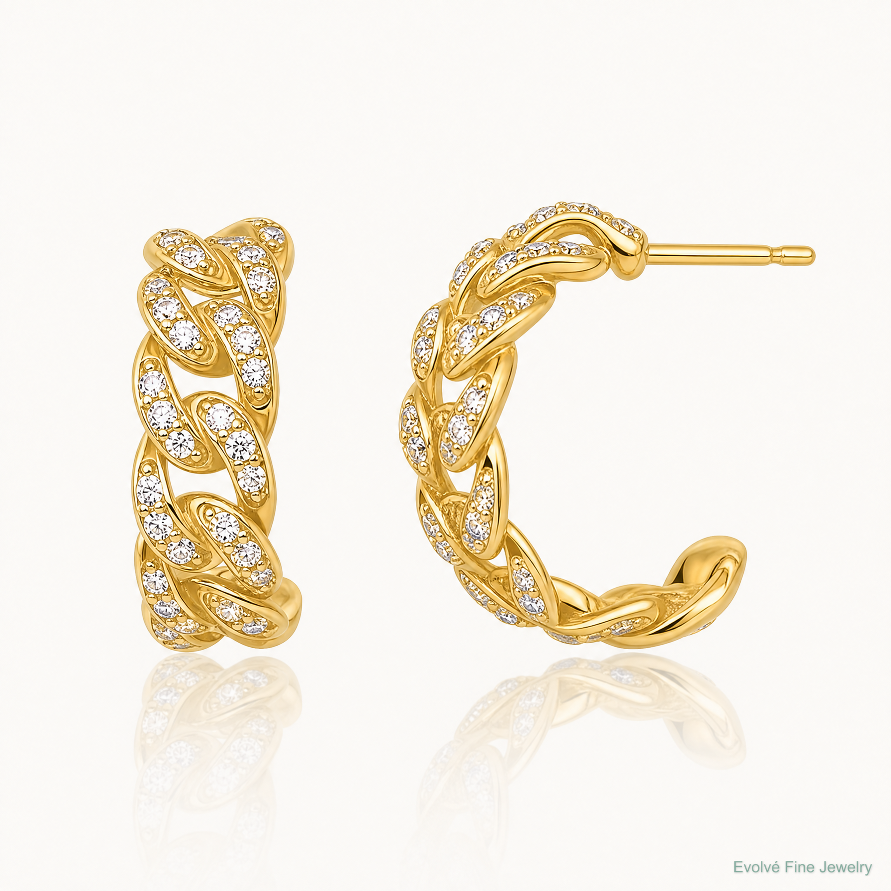 14k Polished CZ Curb Link Post C-Hoop Earrings - Lifestyle View