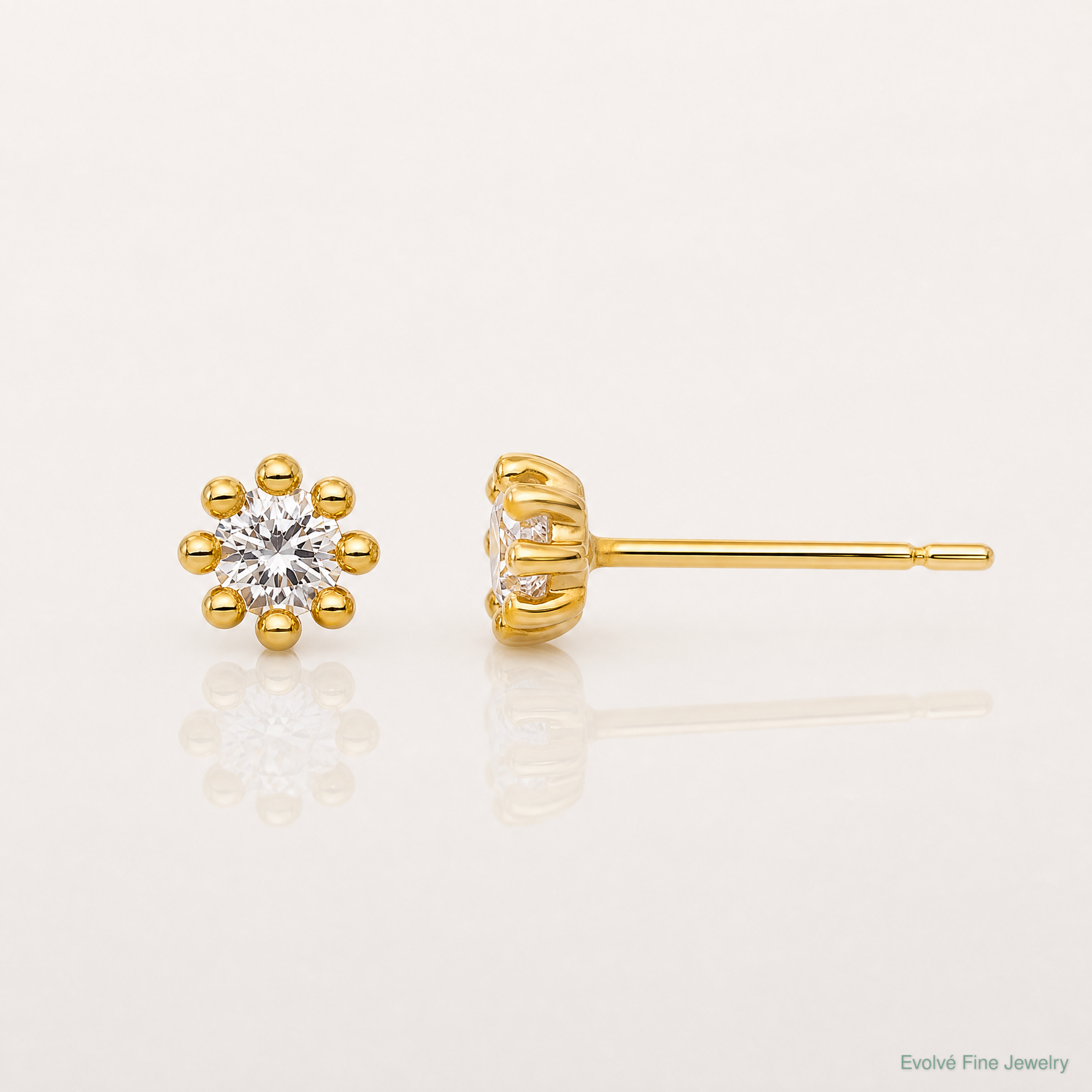 14k Polished and Beaded Round CZ Post Earrings - Lifestyle View