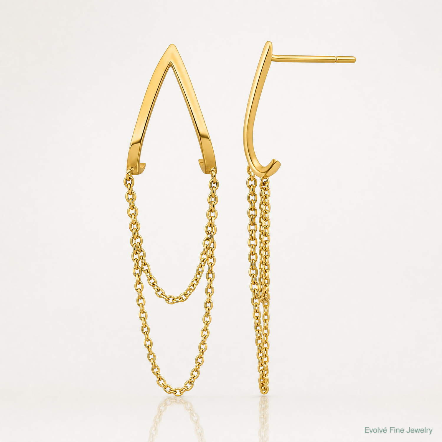 14k Polished V Design with Dangle Chain Post Earrings - Lifestyle View