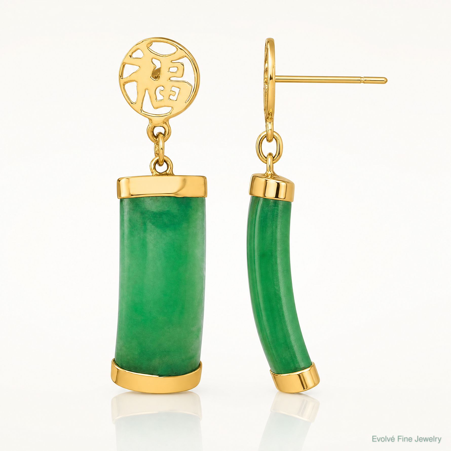 14K Polished Good Luck Symbol Jade Domed Bar Post Dangle Earrings - Lifestyle View