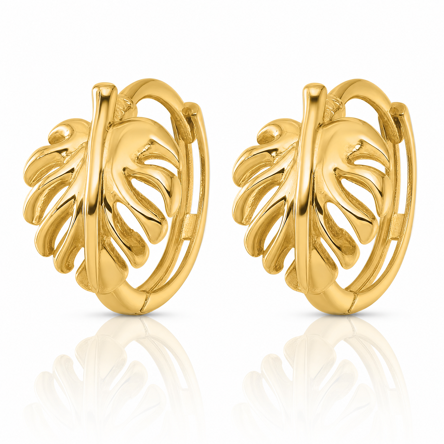 14k Polished Monstera Leaf Hinged Round Hoop Earrings - Lifestyle View