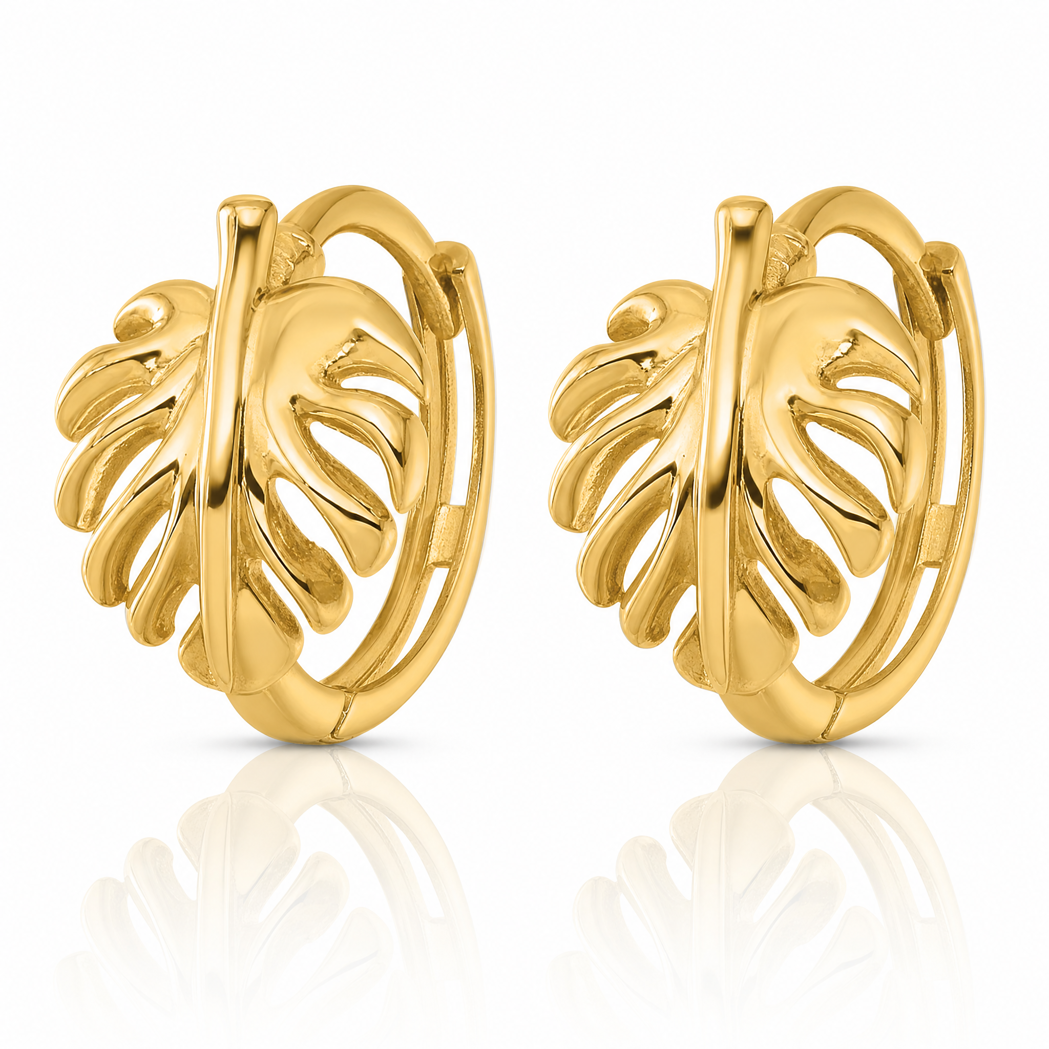 14k Polished Monstera Leaf Hinged Round Hoop Earrings - Lifestyle View