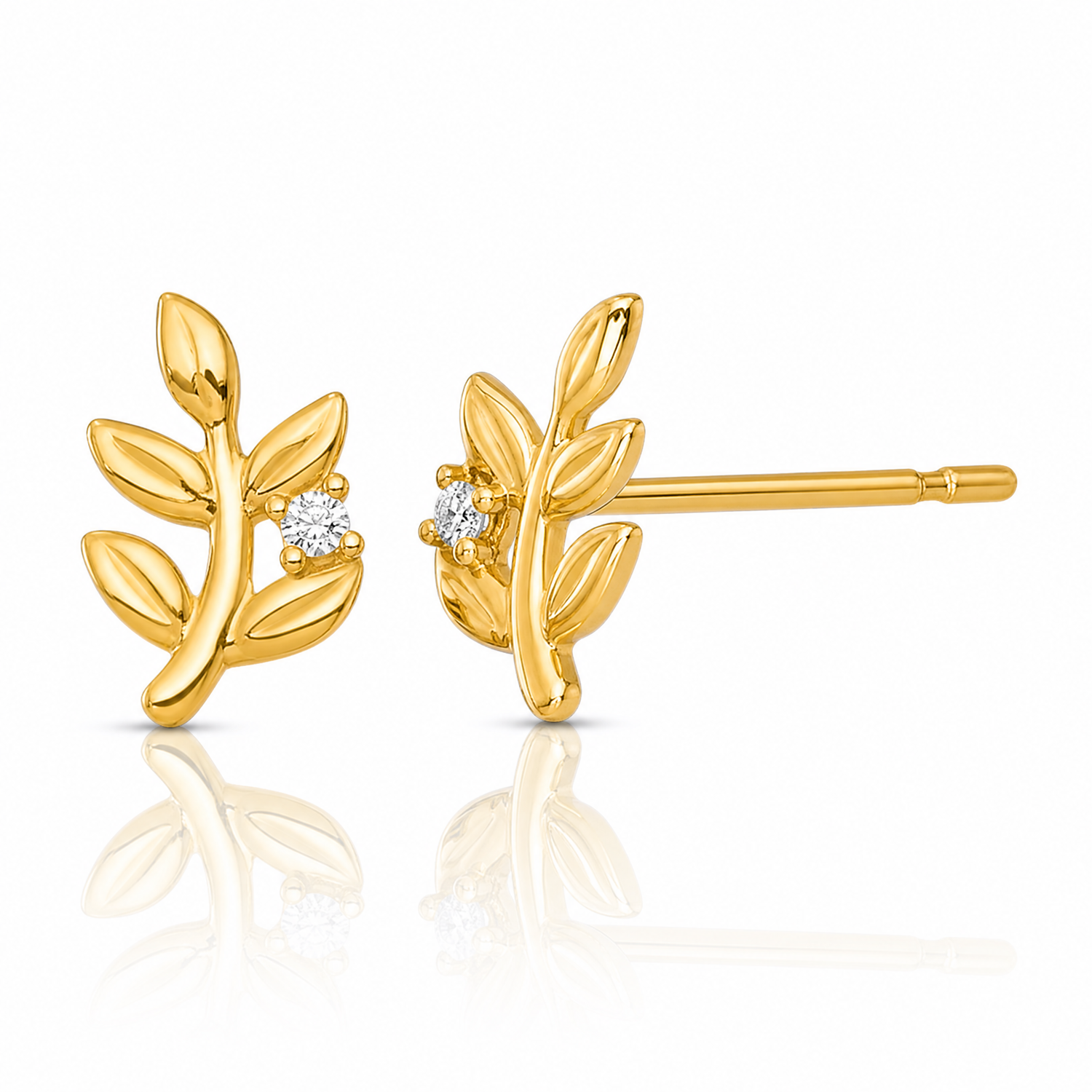 14k Polished CZ Leaf Post Earrings - Lifestyle View