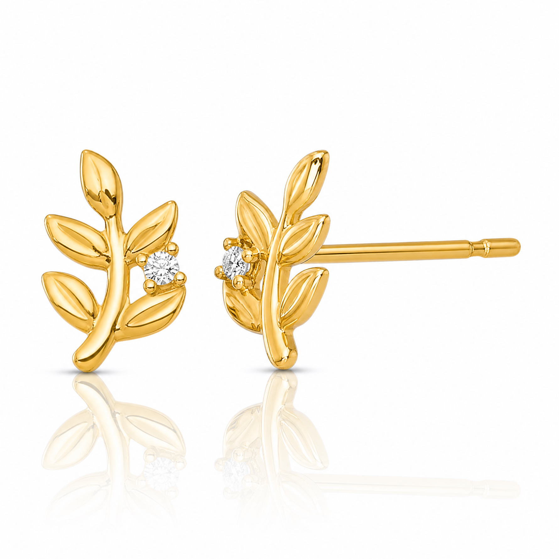 14k Polished CZ Leaf Post Earrings - Lifestyle View