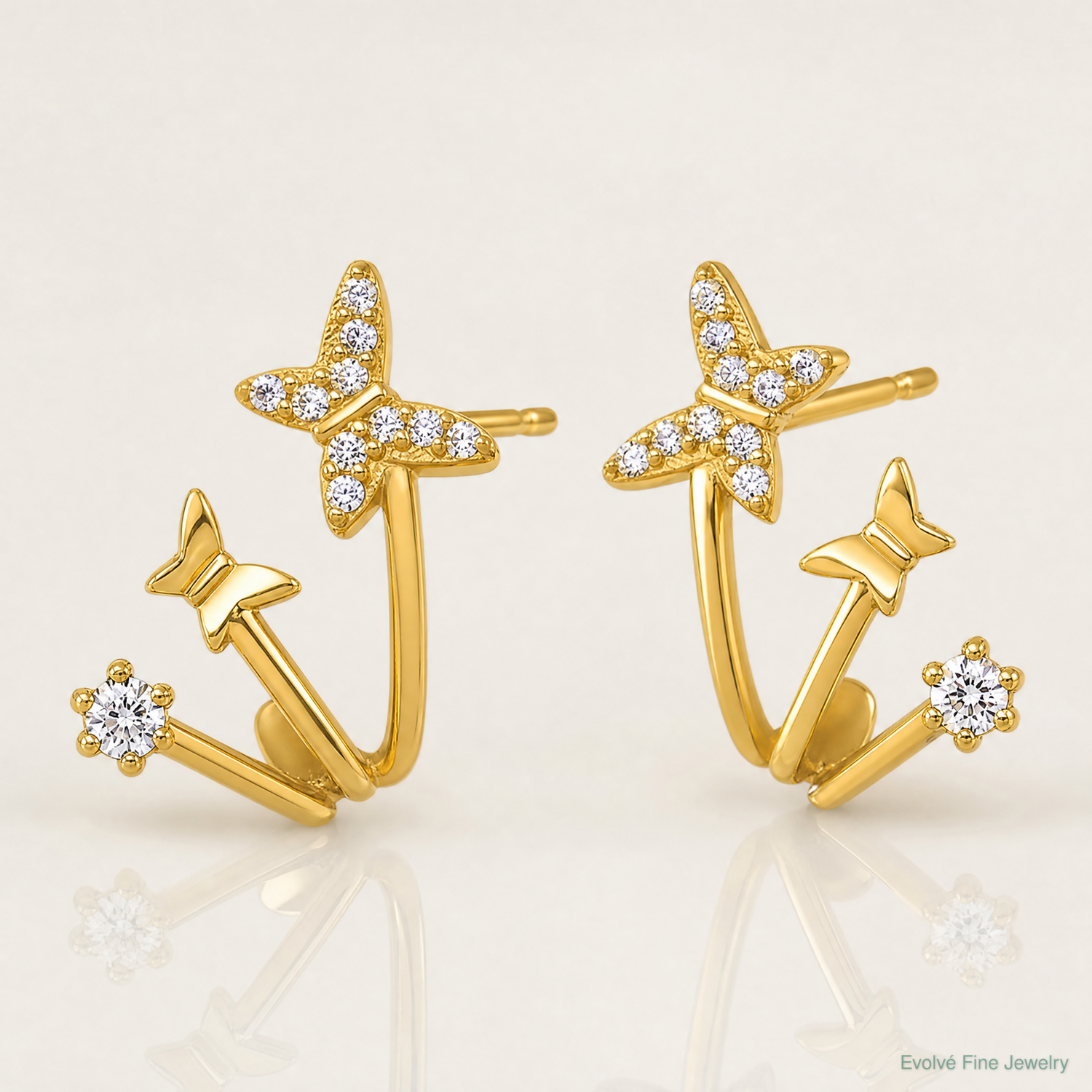 14k Polished CZ Double Butterfly Post Cuff Earrings - Lifestyle View