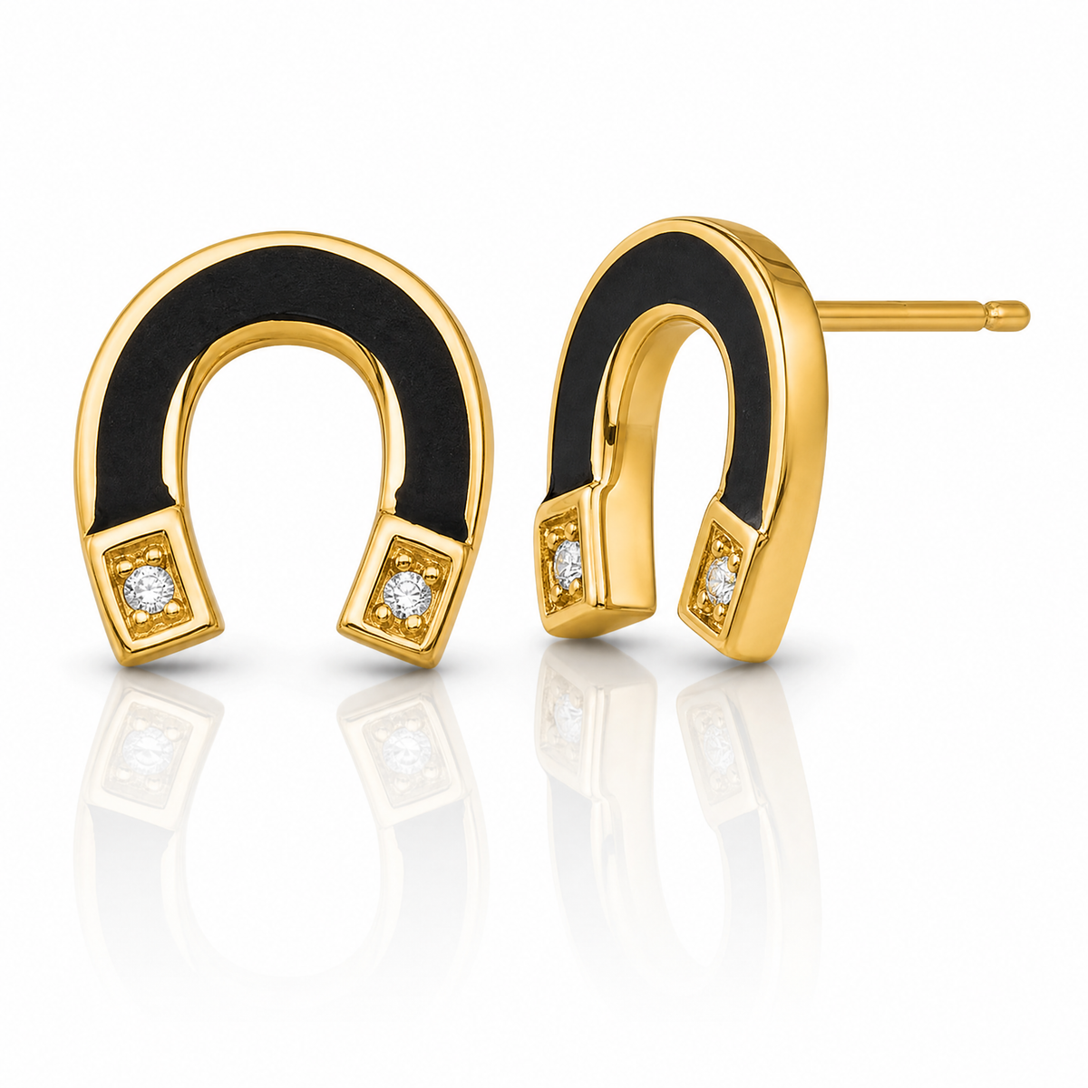 14k Polished Black Enamel and CZ Horseshoe Post Earrings - Lifestyle View