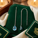 14k White Gold Blue Topaz Pear Bezel Threader Earrings - Lifestyle View