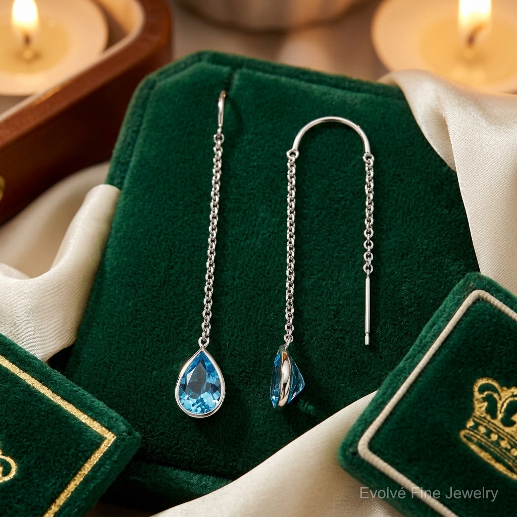 14k White Gold Blue Topaz Pear Bezel Threader Earrings - Lifestyle View
